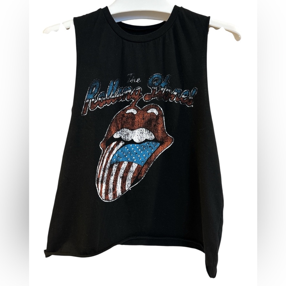 Women’s Black Rolling Stones American Flag Lips Logo Tank Top, Size S